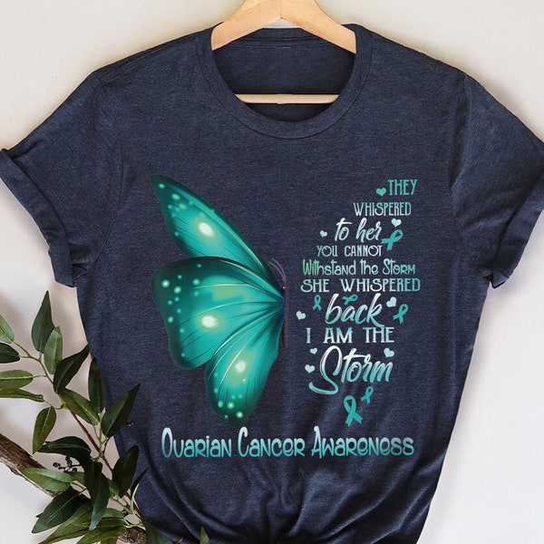 Cadeau cancer de l'ovaire, t-shirts graphiques de sensibilisation au cancer de l'ovaire, t-shirt papillon, chemise de soutien du cancer, chemise à col en V de guerrier cancéreux, cadeau pour maman