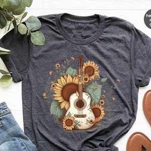 Retro Guitar Shirt, Sunflower Graphic Tees, Gift for Her, Country Music Shirt, Floral Western Outfit, Guitarist Gifts, Southern Vneck Tshirt
