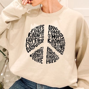 Inspirational Peace Sign Graphic Long Sleeve for Women, Cute Positive Motivational Quotes Hoodie, Floral Peace Love Hope Kindness Sweatshirt