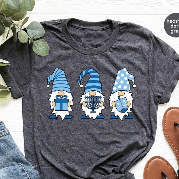 Chemise de gnomes de Hanoucca, T-shirt de nain drôle, T-shirts graphiques Dreidel, T-shirts de Hanoucca pour enfants, T-shirts de famille lumières de bougies, Cadeaux de vacances de Hanoucca