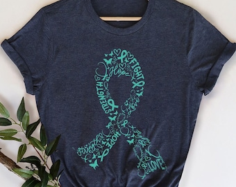 Ovarian Cancer Awareness, Ovarian Cancer Vneck T-Shirts, Ribbon Graphic Tees, Ovarian Cancer Survivor Gift, Cancer Patient Vneck Tshirts