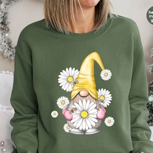 Gnome  Crewneck Sweatshirt, Floral Long Sleeve Shirt, Daisy Hooded for Women, Spring Hoodies and Sweaters, Summer Outfit, Gnome Gift for Her