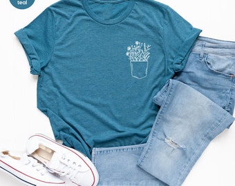 Pocket Flower Shirt, Pocket Plant Tee, Botanical Shirt, Floral Shirt, Pocket Shirts For Her, Gardening Shirt, Aesthetic Shirt, Spring Shirt