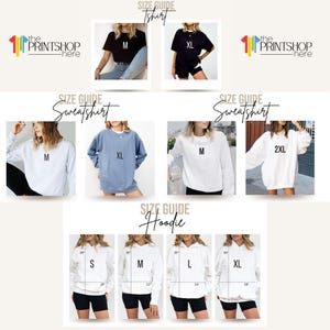 The image is a collage of various images featuring different sizes of sweatshirts and hoodies, along with size guides for each type of clothing item.