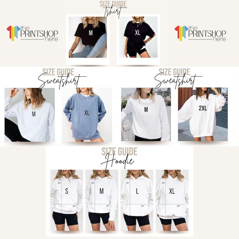 The image is a collage of various images featuring different sizes of sweatshirts and hoodies, along with size guides for each type of clothing item.
