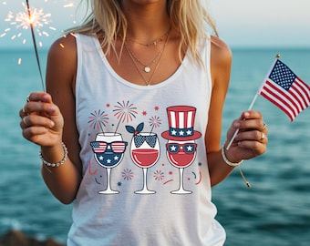 Patriotic Wine Glass Tank Top with American Flag Accessories, Independence Day Celebration Shirt for Wine Lovers, 4th of July Party Apparel