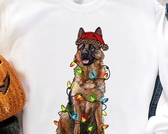 German Shepherd Christmas Dog Mom Sweatshirt, Holiday Xmas Party Dog Graphic Long Sleeve for Dog Owner, Christmas German Shepherd Hoodies