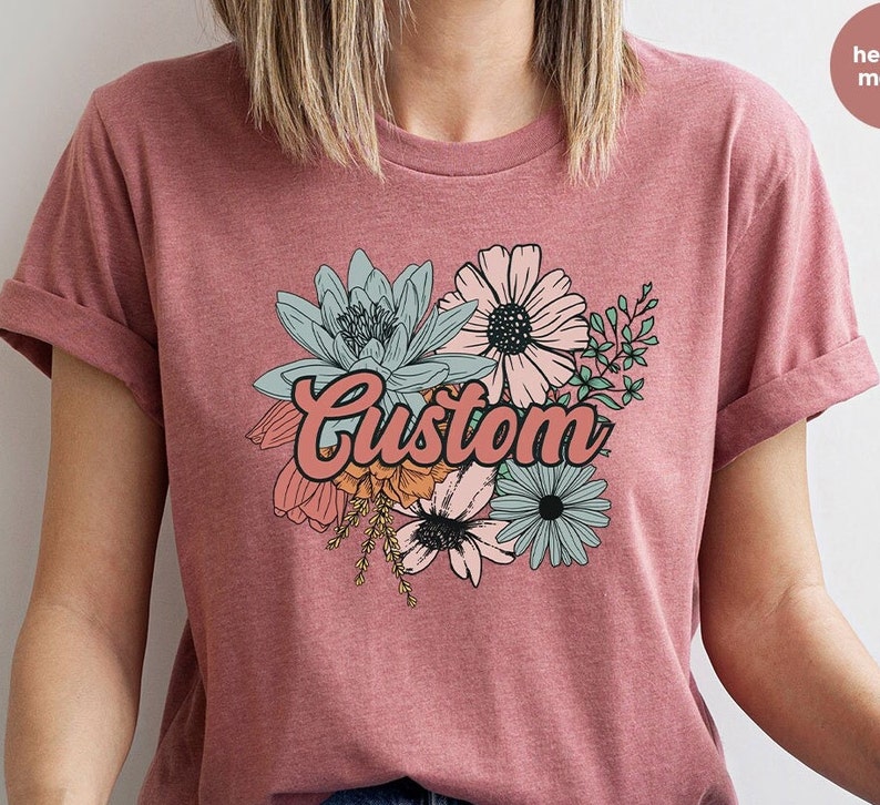 Custom Shirt, Floral Vneck TShirts, Personalized Gifts, Graphic Tees for Women, Gifts for Her, Mothers Day Gift, Customizable Name T Shirt