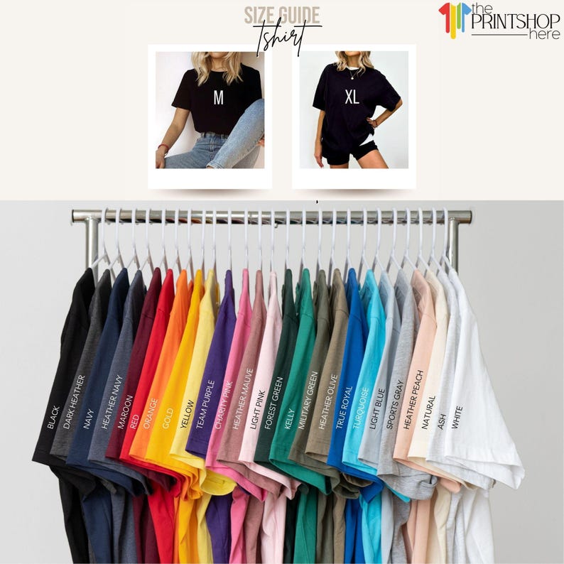 The image is a collage of two photos featuring a variety of colorful t-shirts hanging on a clothing rack.