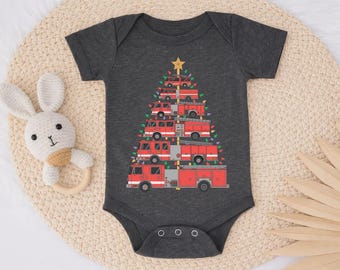 Christmas Fire Truck Tree Baby Bodysuit, Holiday Fireman Kids Shirt, Firefighter Xmas Baby Shower Gift, Firefighter Toddler Tee