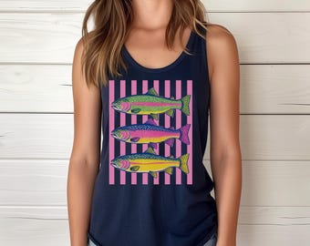 Trendy Striped Fish Shirt, Vibrant Fish Color Graphic Tee, Bold Artistic Fishing Design Tank Top, Sumer Beach Apparel
