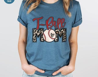 Maglietta per la mamma di un giocatore di T-ball, regali per la mamma di un giocatore di T-ball, regali per la mamma, magliette grafiche con stampa leopardata per il T-ball, felpa girocollo per la mamma di un giocatore di T-ball, regalo per la festa della mamma