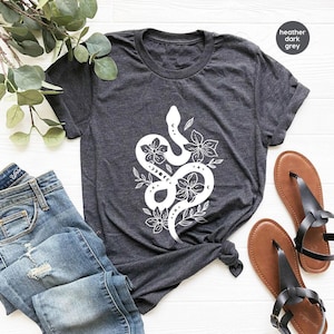 Cool Snake TShirt, Gifts for Her, Trendy Animal T Shirts, Flower Graphic Tees, Women Vneck Shirt, Floral Outfit, Aesthetic Reptile Clothing