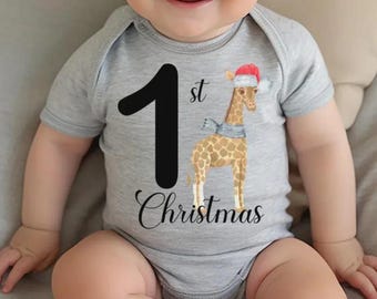 1st Christmas Giraffe Baby Bodysuit, Holiday Safari Toddler Sweatshirt, Cute Winter Animal Newborn Outfit, Festive Baby Shower Gift
