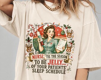Camiseta navideña de enfermera, camiseta divertida con estampado navideño de enfermera, sudadera retro pin-up de enfermera, camiseta navideña para estar celosa.
