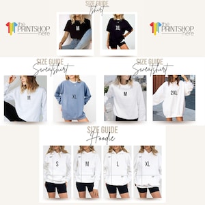 The image is a collage of various images featuring different sizes of sweatshirts and hoodies, along with size guides for each type of clothing item.