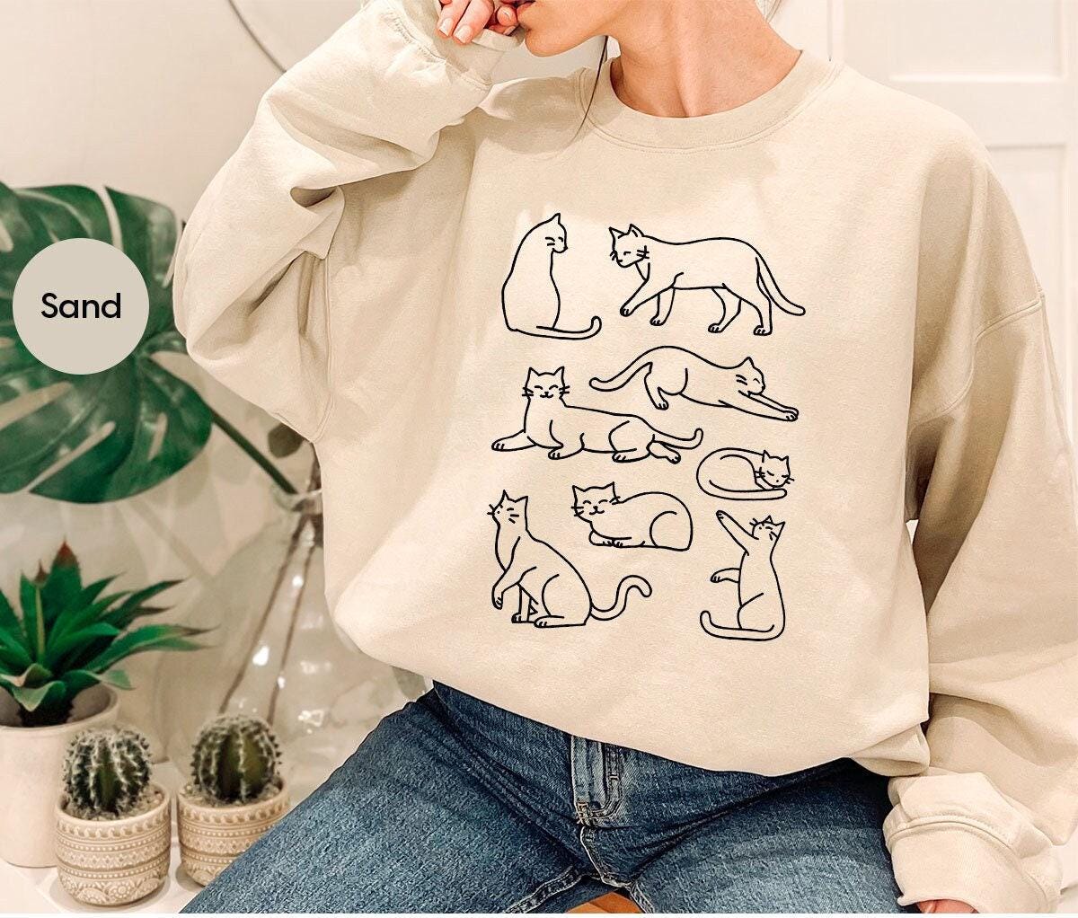 T-shirt Manches Longues Femme Motif Chat - Taille M/L, Gris Et Blanc, Neuf Sans étiquettes