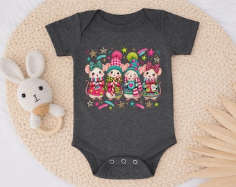 Cute Christmas Mouse Baby Bodysuit, Funny Festive Holiday Animal Kids Shirt, Adorable Winter Animal Toddler Tee