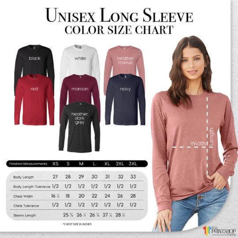 The image is a color size chart for a long sleeve t-shirt, featuring various color options and corresponding measurements. A woman is shown wearing a pink long sleeve t-shirt, and the chart provides a visual guide for selecting the appropriate size based on the color and style of the t-shirt.