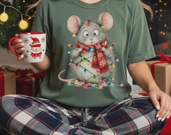 Cute Christmas Mouse with Lights Shirt, Holiday Mouse Festive Animal Graphic Tee, Christmas Day Sweatshirt, Xmas Gift Idea