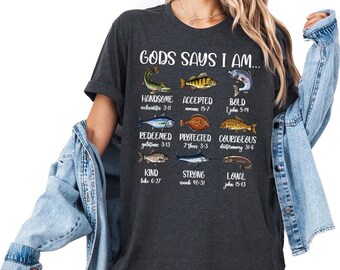 T-shirt « Dieu dit que je suis un poisson », T-shirt enfant mignon, T-shirt avec verset biblique, Cadeau pour les amoureux des poissons, T-shirt religieux pour enfants, T-shirt pour adultes et jeunes, T-shirt de pêche