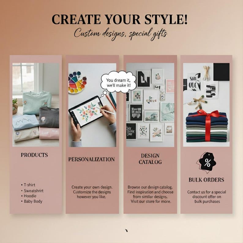 The image is a collage of four images, each depicting a different aspect of custom design and special gifts. The images include a person creating a design on a tablet, a person browsing a design catalog, a person browsing a catalog, and a person browsing a bulk order.