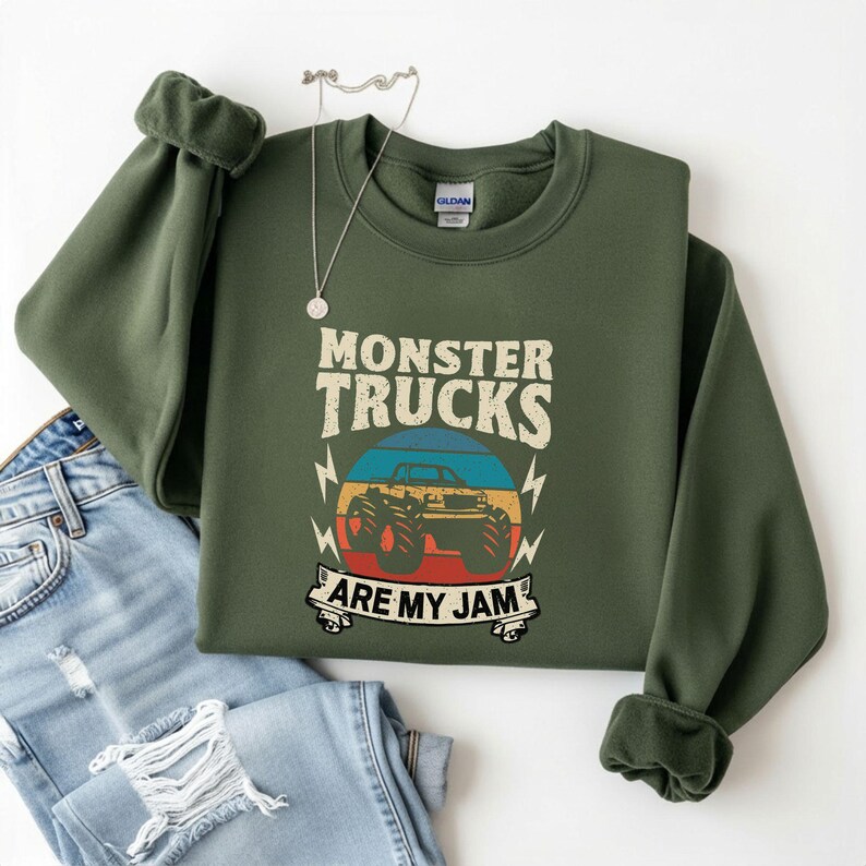 Monster Truck Are My Jam Sweatshirt, Retro Pun Hoodie for Monster Truck Lover, Quirky Wordplay Longsleeve, Nostalgic Gift image 5