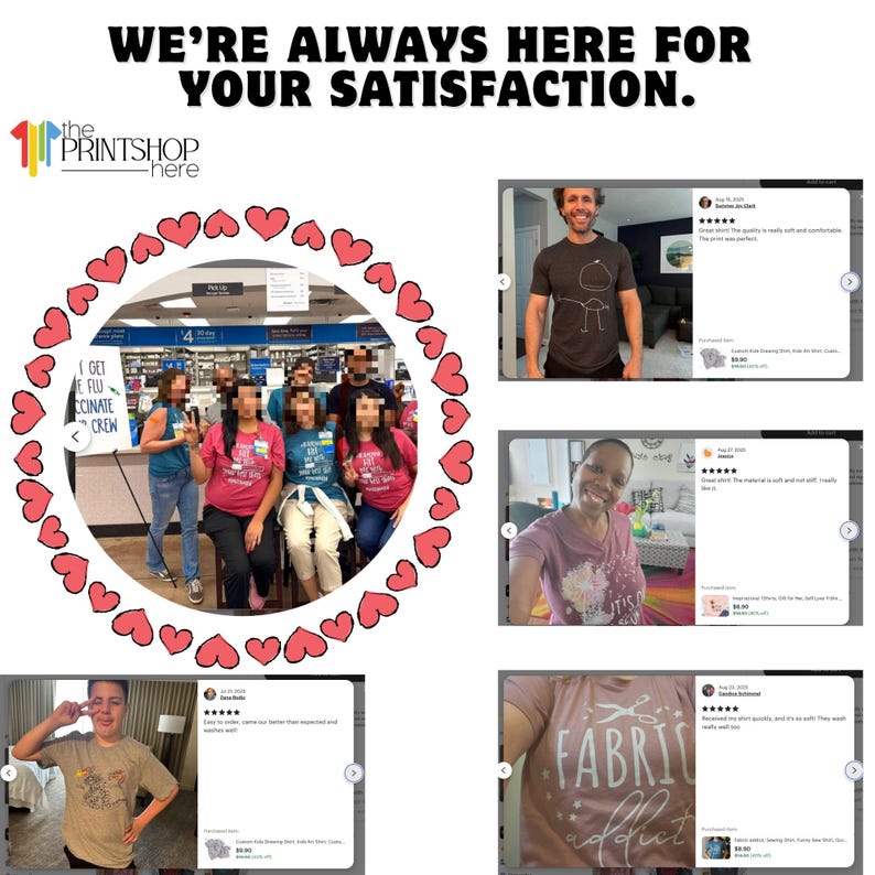 The image is a collage of five photos featuring people in various settings, including a group of people in a store and a person posing for a photo. The collage includes text and social media posts, including a message that says "We're always here for your satisfaction."