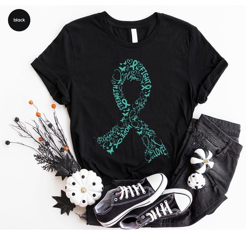 Concientización sobre el cáncer de ovario, camisetas con cuello en V para el cáncer de ovario, camisetas con estampado de lazo, regalo para sobrevivientes de cáncer de ovario, camisetas con cuello en V para pacientes con cáncer. imagen 5
