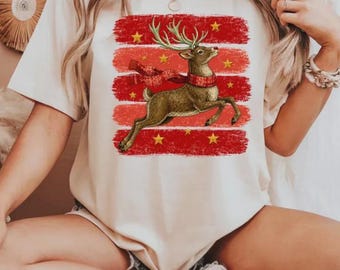 Flying Reindeer Christmas Shirt, Festive Xmas Holiday Deer Graphic Tee, Merry Christmas Reindeer Sweatshirt, Xmas Gift Idea