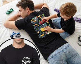 Construction Car Track Massage Shirt, Funny Father's Day Gift, Interactive Road Map Back Shirt for Dad, Dad Gift, Excavator Dad Shirt