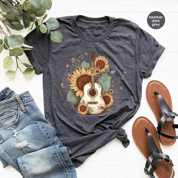 Retro Guitar Shirt, Sunflower Graphic Tees, Gift for Her, Country Music Shirt, Floral Western Outfit, Guitarist Gifts, Southern Vneck Tshirt