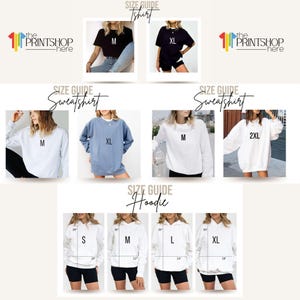 The image is a collage of various images featuring different sizes of sweatshirts and hoodies, along with size guides for each type of clothing item.