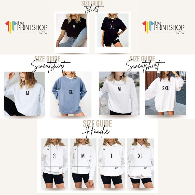 The image is a collage of various images featuring different sizes of sweatshirts and hoodies, along with size guides for each type of clothing item.