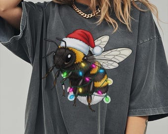 Comfort Colors® Christmas Bee Shirt, Holiday Bumblebee Graphic Tee, Festive Insect Xmas Lights Sweatshirt, Winter Bee Lover Top