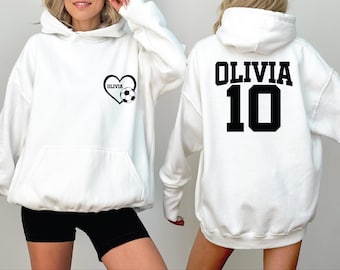 Personalized Soccer Heart Pocket Name Sweatshirt, Name and Number Soccer Hoodie, Custom Soccer Player Longsleeve, Soccer 2 Sided Sweatshirt
