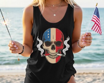 Patriotic Skull Smoking Shirt, Cool America Freedom Graphic Tee, 4th of July Fireworks Party Outfit, USA Tank Top Style, Fourth Of July Tee