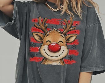 T-shirt Comfort Colors® à motif renne, T-shirt de Noël mignon avec motif renne, T-shirt des fêtes, Cadeau de Noël pour elle, Haut festif