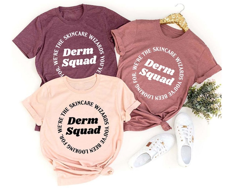 three t - shirts that say derm squad on them