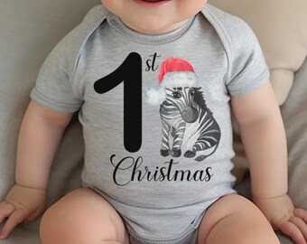 1st Christmas Zebra Baby Bodysuit, Festive Holiday Toddler Tee, Cute Xmas Animal Baby Shower Gift, Newborn Christmas Present