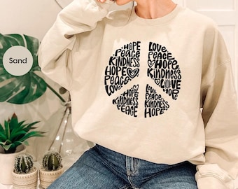 Inspirational Peace Sign Graphic Long Sleeve for Women, Cute Positive Motivational Quotes Hoodie, Floral Peace Love Hope Kindness Sweatshirt