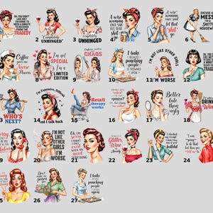 a collection of 24 vintage-style illustrations of women in various poses and expressions, each with a different caption or message. The captions are humorous and relate to the women's roles as nurses, homemakers, and women in general. The images are arranged in a grid format, with each caption and image pair placed next to its corresponding image. The captions and images are written in a playful and exaggerated manner, reflecting the vintage style of the illustrations.