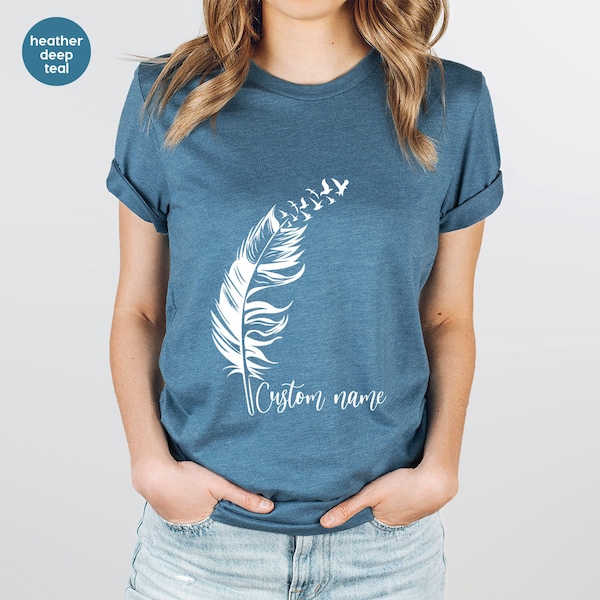 Custom Feather Tshirt, Feather Birds Shirt, Aesthetic Gift, Personalized Gift for Her, Bird Outfit, Women Vneck T-Shirt, Customized Clothing