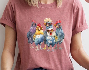 Chemise poules drôles, t-shirt animal, cadeau ferme pour femme, jolie tenue de fermière, t-shirt campagnard, t-shirt ferme à col en v, t-shirts graphiques floraux