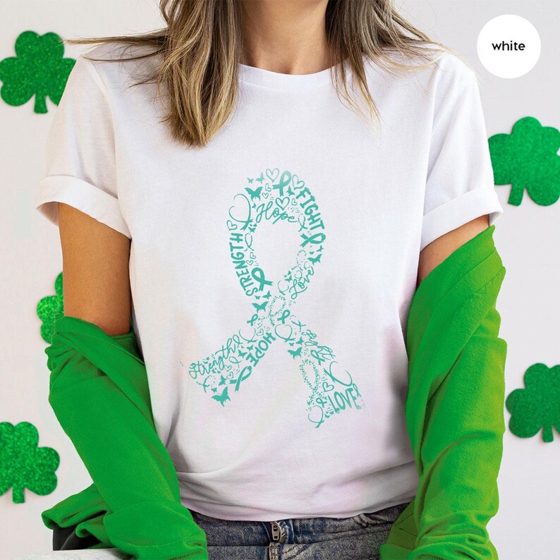 Concientización sobre el cáncer de ovario, camisetas con cuello en V para el cáncer de ovario, camisetas con estampado de lazo, regalo para sobrevivientes de cáncer de ovario, camisetas con cuello en V para pacientes con cáncer. imagen 8