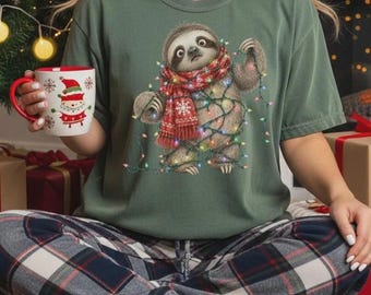 Christmas Sloth Tangle Lights Shirt, Funny Sloth Christmas Graphic Tee, Cute Animal Xmas Sweatshirt, Festive Holiday Sloth Lover Gift