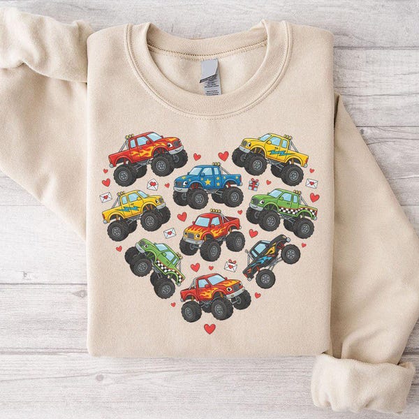 Valentine Monster Truck Sweatshirt, Cute Truck Heart Hoodie, Kids Valentine Gift, Truck Lover Valentine Longsleeve