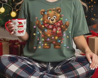 Christmas Bear T-Shirt, Tangled in Lights Holiday Graphic Tee, Cute Animal Winter Sweatshirt, Xmas Bear Shirt, Funny Xmas Gift