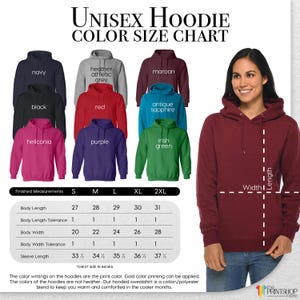 The image is a color size chart for a unisex hoodie, featuring a variety of different colored hoodies and a woman wearing one.