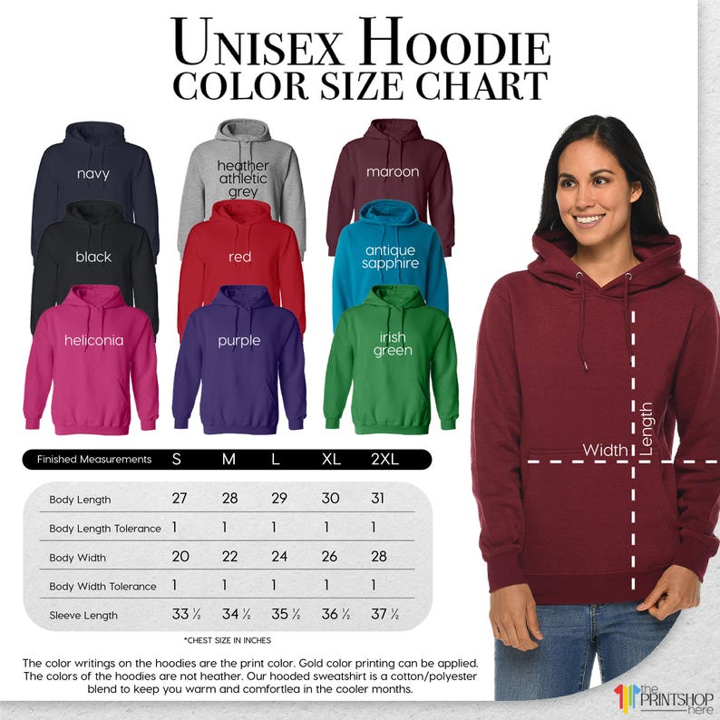 The image is a color size chart for a unisex hoodie, featuring a variety of different colored hoodies and a woman wearing one.
